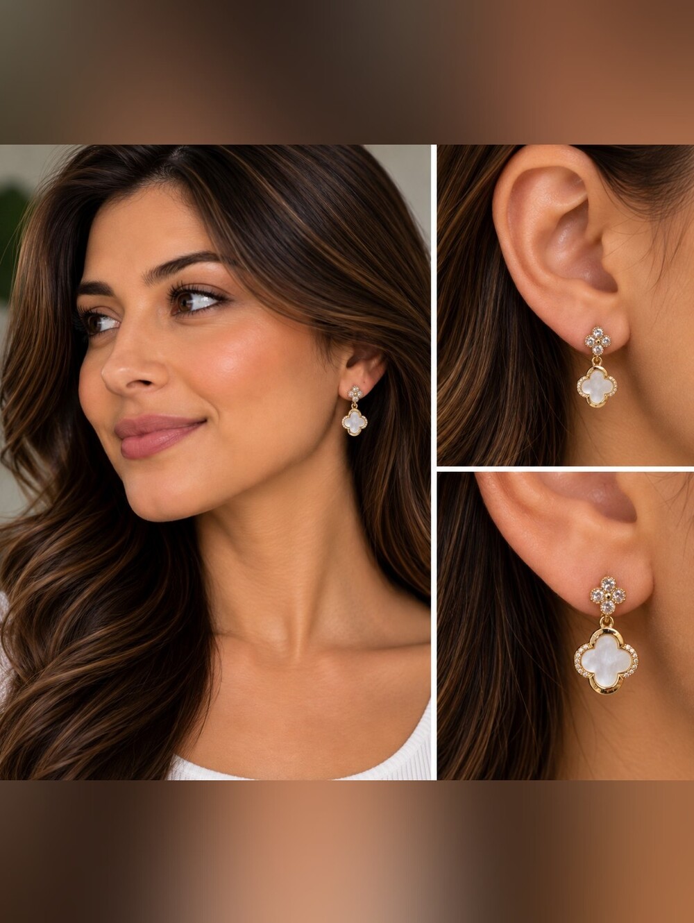Gold Clover Drop Earrings with White Mother-of-Pearl Inlay